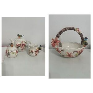 Floral Ceramic Tea Set with Basket